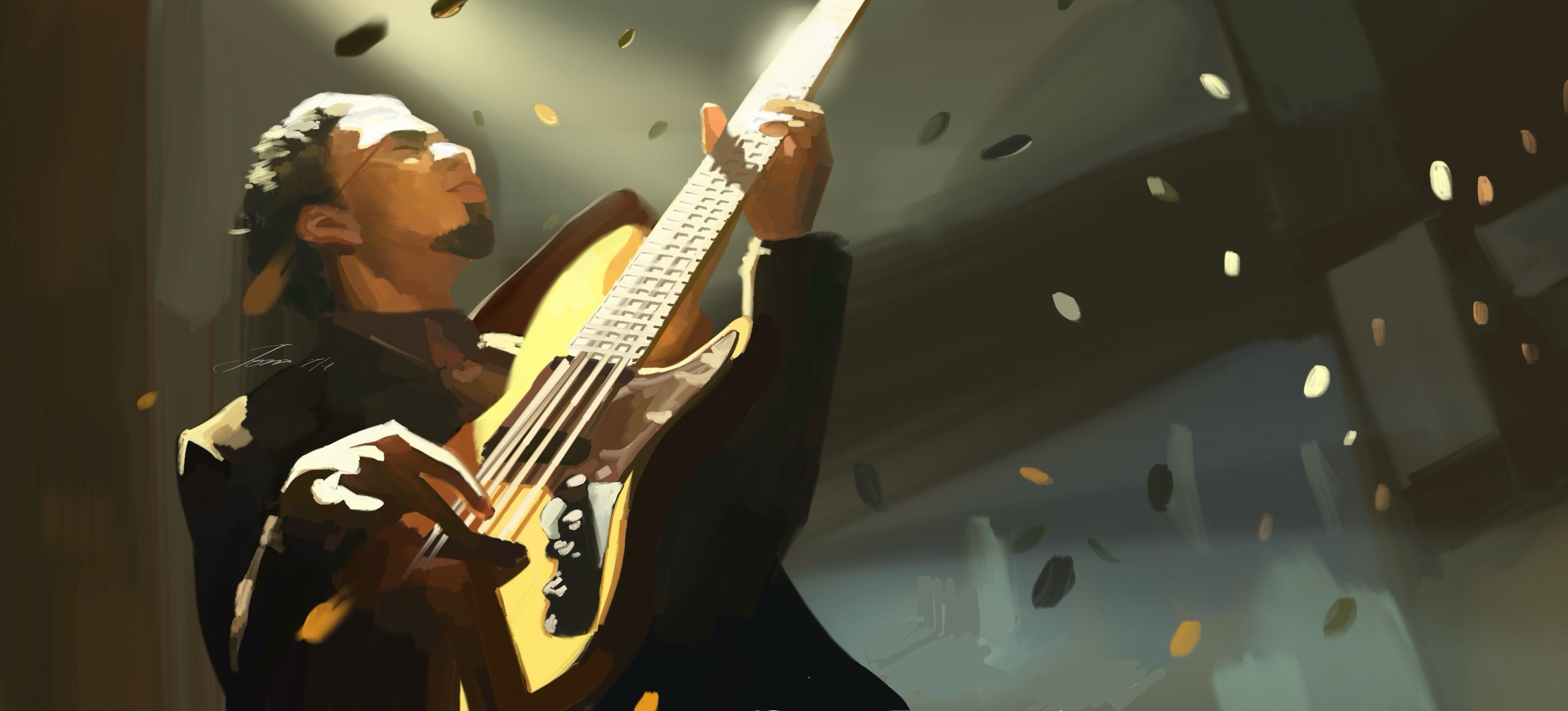 Screenshot from King Gnu’s mv Senryo Yakusha, featuring Kazuki playing the bass guitar
