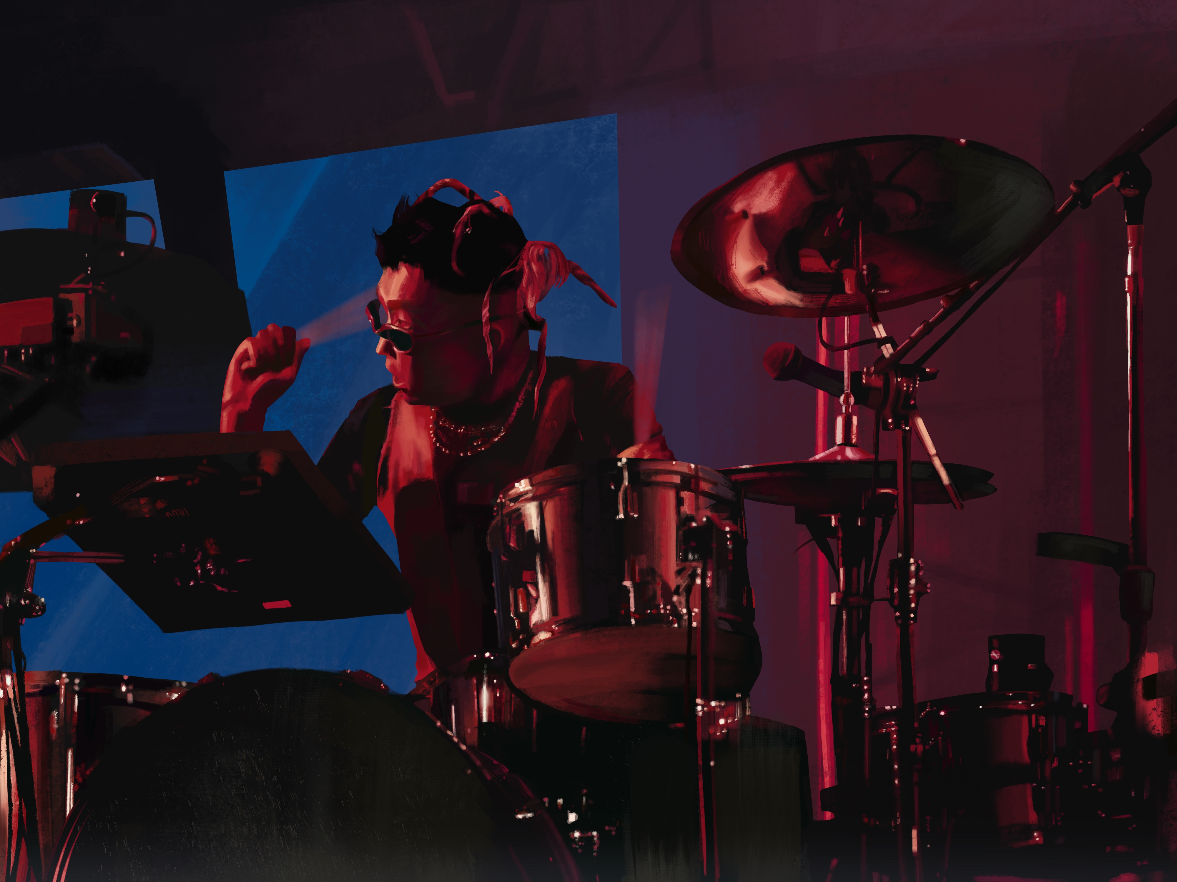 Photograph featuring Yu playing drums in a concert